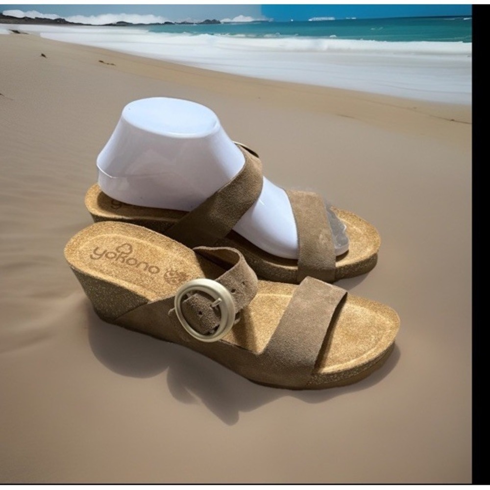 Yokono Tan Suede Leather Wedge Buckle Spain Sandals Shoes Womens Size 8, - Picture 3 of 15